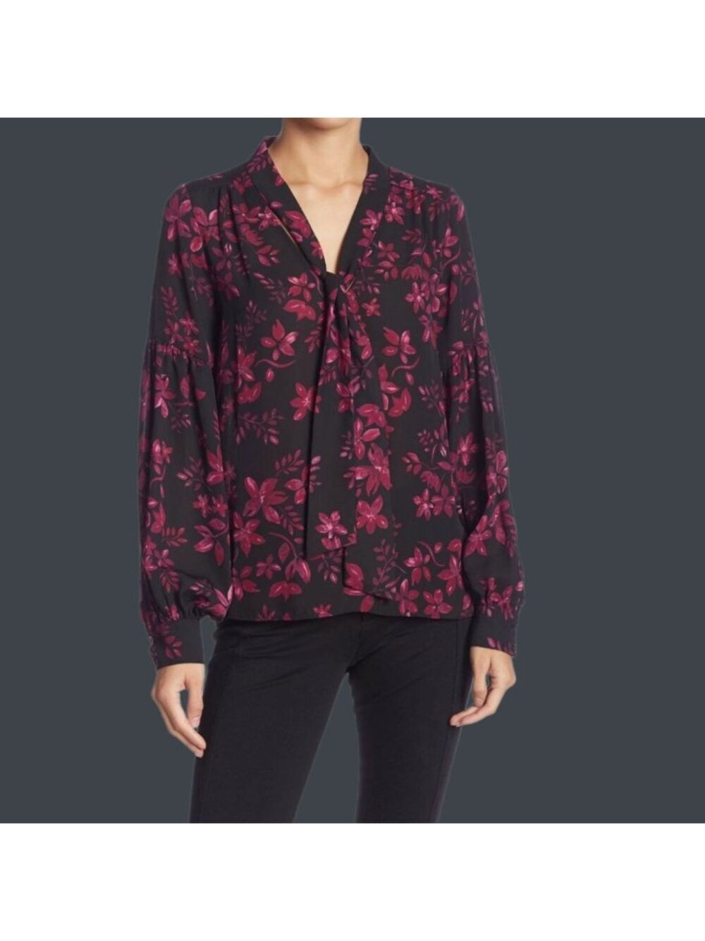 Parker Womens Floral Print  Long-Sleeve Blouse Tie Front Hot Pink/black  Xsmall